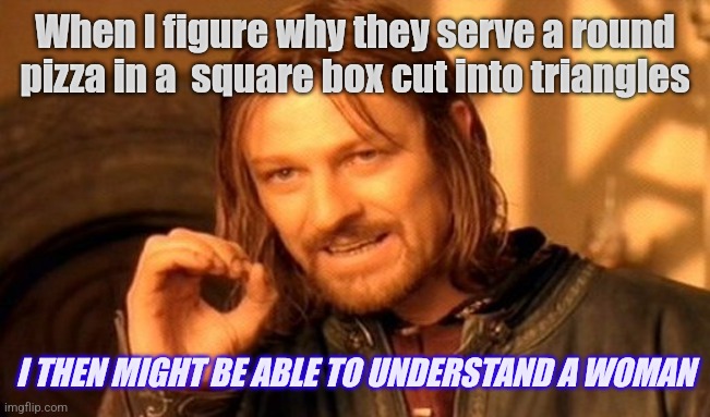 Knowledge | When I figure why they serve a round pizza in a  square box cut into triangles; I THEN MIGHT BE ABLE TO UNDERSTAND A WOMAN | image tagged in memes | made w/ Imgflip meme maker