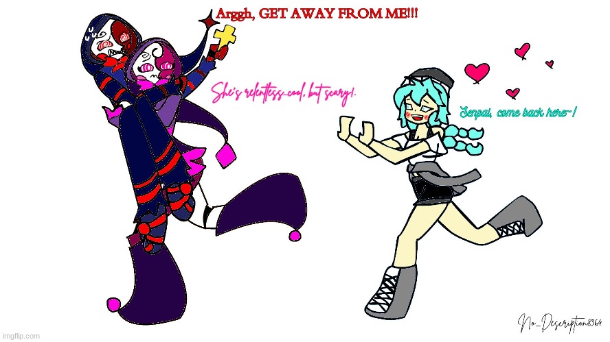 got bored, thought I make TSAMS arts. this is Roseate helping Bloodmoon get away from Miku. | made w/ Imgflip meme maker