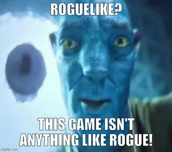 Roguelike? This game isn't anything like Rogue! | ROGUELIKE? THIS GAME ISN'T ANYTHING LIKE ROGUE! | image tagged in avatar guy,avatar | made w/ Imgflip meme maker