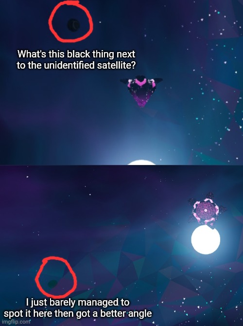 Astroneer question. Guessing 90% of the answers I get will be memes but this'll take forever to get featured in gaming | What's this black thing next to the unidentified satellite? I just barely managed to spot it here then got a better angle | made w/ Imgflip meme maker