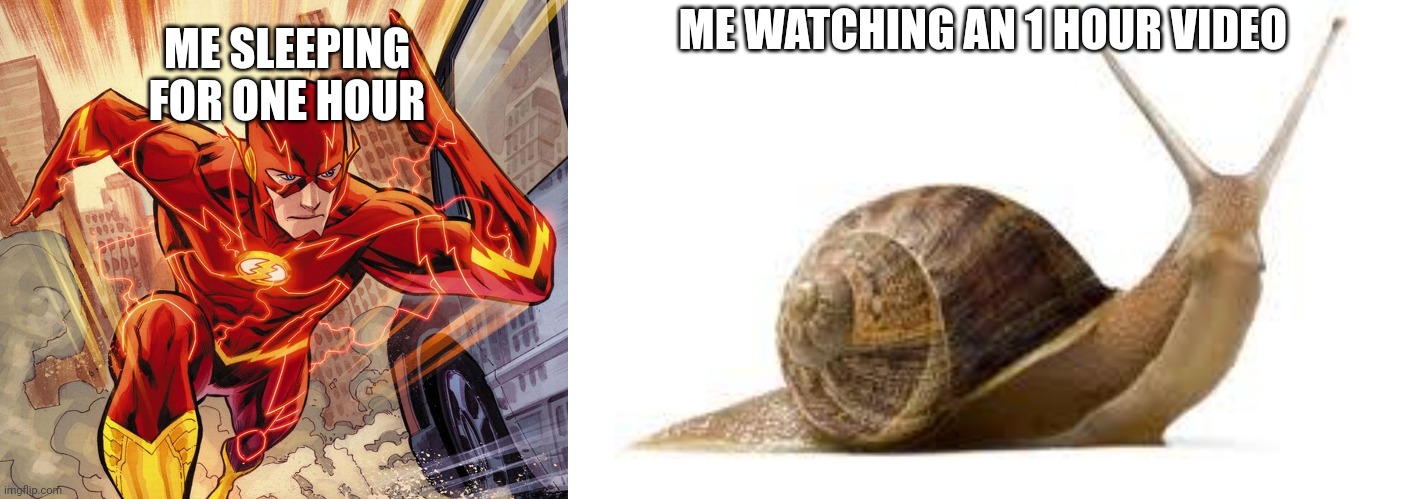 Why this is so relatable ? | ME SLEEPING FOR ONE HOUR; ME WATCHING AN 1 HOUR VIDEO | image tagged in the flash,snail | made w/ Imgflip meme maker