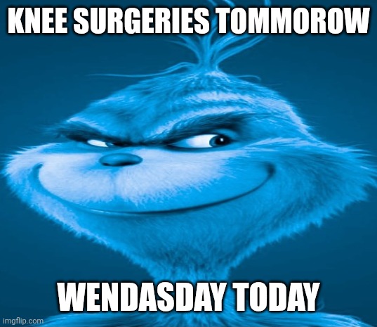 Blue Grinch | KNEE SURGERIES TOMMOROW WENDASDAY TODAY | image tagged in blue grinch | made w/ Imgflip meme maker