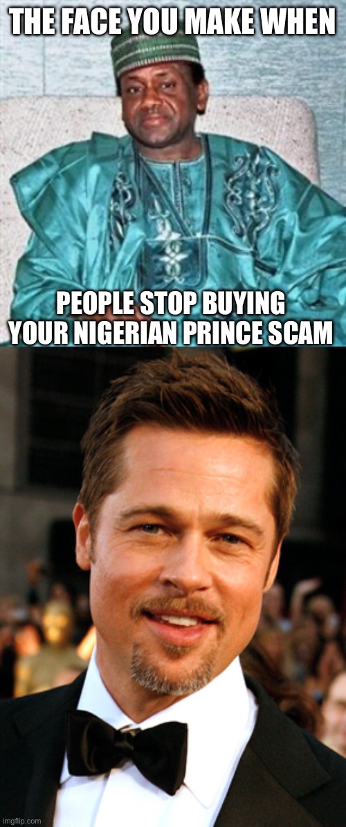 French woman scammed out of $850,000 with fake Brad Pitt story and pictures | THE FACE YOU MAKE WHEN; PEOPLE STOP BUYING YOUR NIGERIAN PRINCE SCAM | image tagged in nigerian prince,brad pitt lolool,scam,850k dollars | made w/ Imgflip meme maker