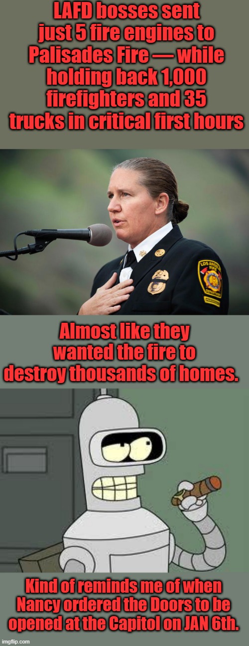 Naw they wouldn't do that.. | LAFD bosses sent just 5 fire engines to Palisades Fire — while holding back 1,000 firefighters and 35 trucks in critical first hours; Almost like they wanted the fire to destroy thousands of homes. Kind of reminds me of when Nancy ordered the Doors to be opened at the Capitol on JAN 6th. | image tagged in bender | made w/ Imgflip meme maker