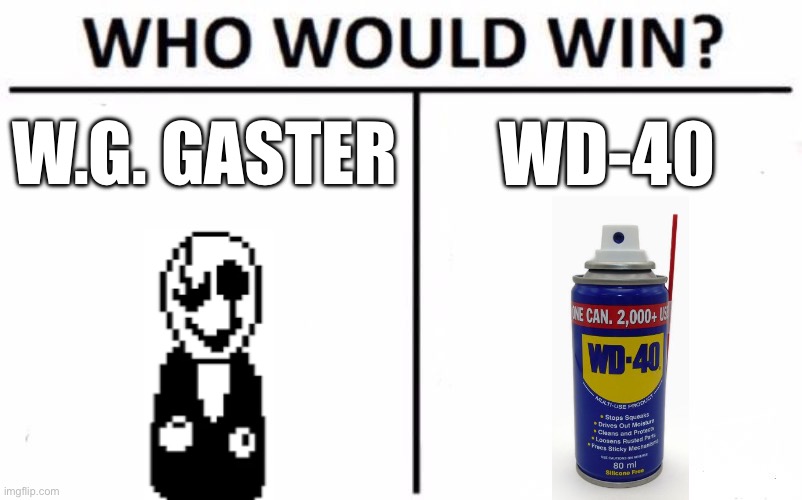 If WD-40 can fix any creaky joints, it can fix Gaster’s hands | W.G. GASTER; WD-40 | image tagged in memes,who would win | made w/ Imgflip meme maker