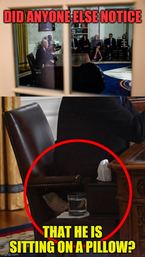 At Joe Biden's Farewell Address | DID ANYONE ELSE NOTICE; THAT HE IS SITTING ON A PILLOW? | image tagged in memes,politics,joe biden,farewell,pillow,sitting | made w/ Imgflip meme maker