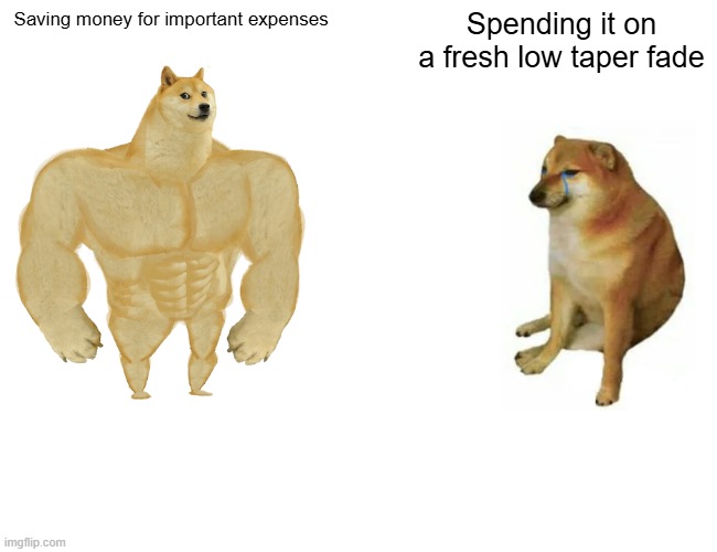 Im so happy and so sad at the same time | Saving money for important expenses; Spending it on a fresh low taper fade | image tagged in memes,buff doge vs cheems | made w/ Imgflip meme maker