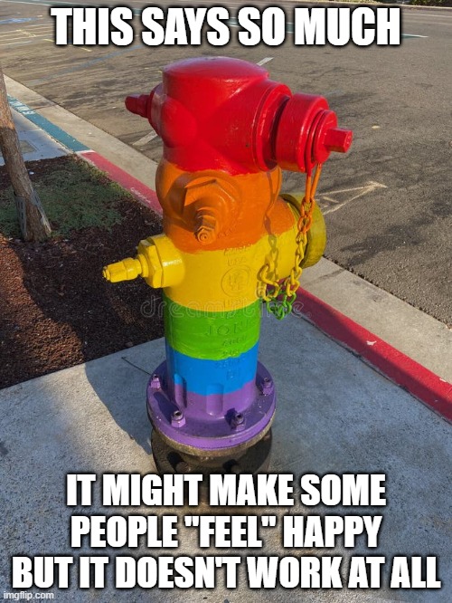 Rainbow fire hydrant | THIS SAYS SO MUCH; IT MIGHT MAKE SOME PEOPLE "FEEL" HAPPY BUT IT DOESN'T WORK AT ALL | image tagged in rainbow fire hydrant | made w/ Imgflip meme maker