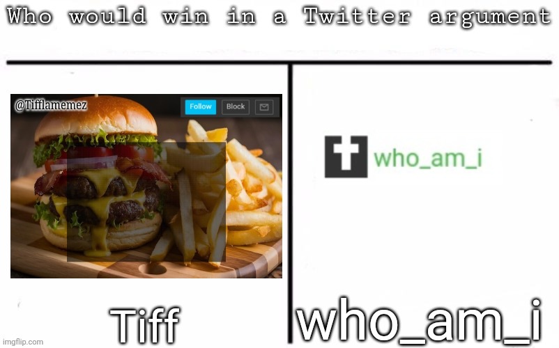 Pitting random mfs against each other | who_am_i; Tiff | image tagged in pitting random mfs against each other,msmg,memes | made w/ Imgflip meme maker