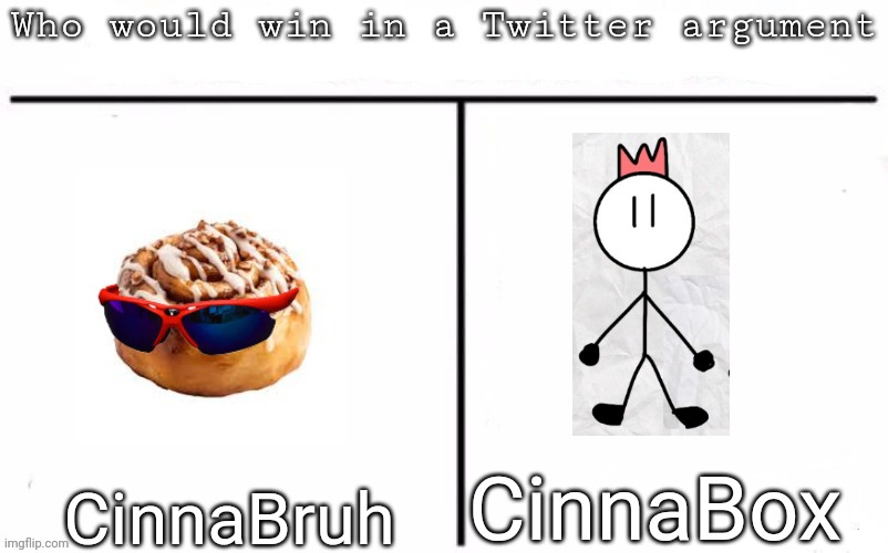 CinnaB's | CinnaBox; CinnaBruh | image tagged in pitting random mfs against each other,msmg,memes | made w/ Imgflip meme maker