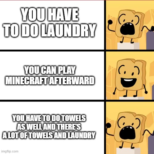 bfdi woody meme template | YOU HAVE TO DO LAUNDRY; YOU CAN PLAY MINECRAFT AFTERWARD; YOU HAVE TO DO TOWELS AS WELL AND THERE'S A LOT OF TOWELS AND LAUNDRY | image tagged in bfdi woody meme template | made w/ Imgflip meme maker