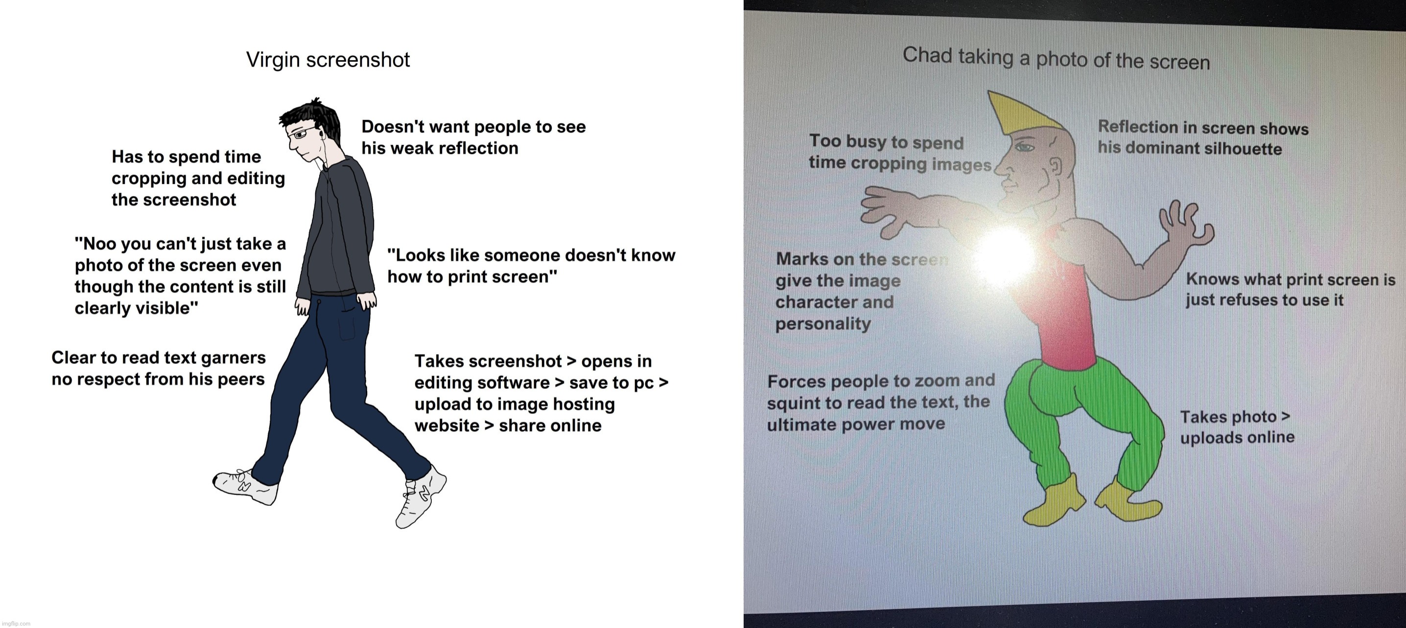 Virgin Screenshot vs Chad Photo of the Screen | image tagged in virgin screenshot vs chad photo of the screen | made w/ Imgflip meme maker