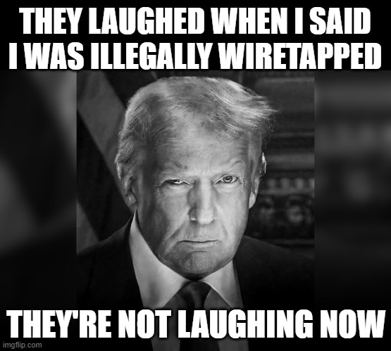 Presidential Portrait | THEY LAUGHED WHEN I SAID I WAS ILLEGALLY WIRETAPPED; THEY'RE NOT LAUGHING NOW | image tagged in trump,portrait,wiretapped | made w/ Imgflip meme maker