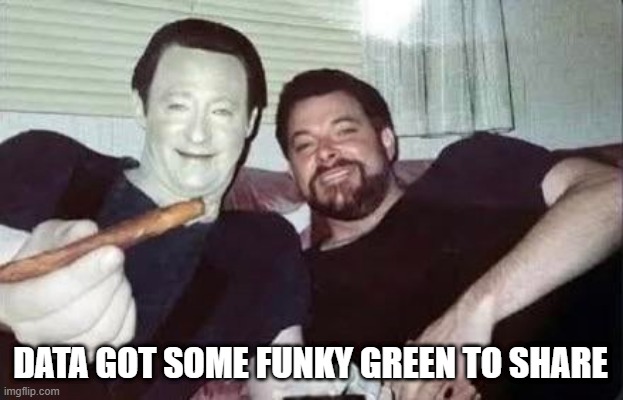 Toke it From Data | DATA GOT SOME FUNKY GREEN TO SHARE | image tagged in star trek tng friends | made w/ Imgflip meme maker