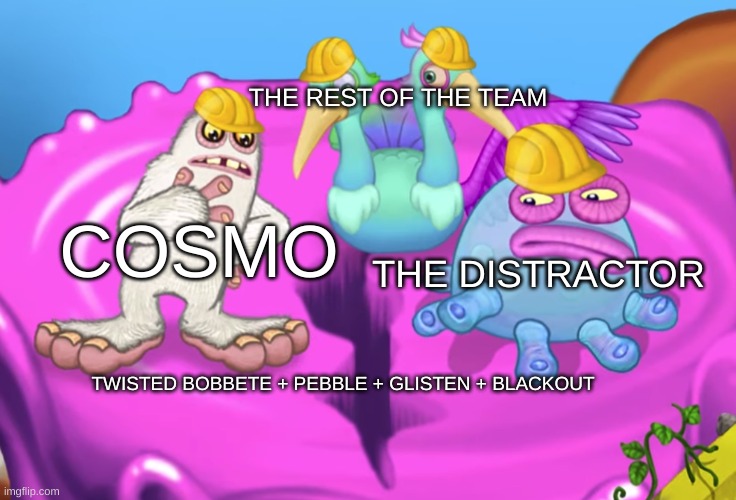 The context is extracting. | THE REST OF THE TEAM; COSMO; THE DISTRACTOR; TWISTED BOBBETE + PEBBLE + GLISTEN + BLACKOUT | image tagged in mammott and toe jammer disgusted,dandy's world,my singing monsters | made w/ Imgflip meme maker