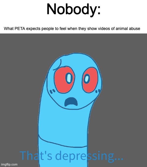 Trying out my new template ^w^ | Nobody:; What PETA expects people to feel when they show videos of animal abuse | image tagged in slushy reacts to x,anti peta | made w/ Imgflip meme maker