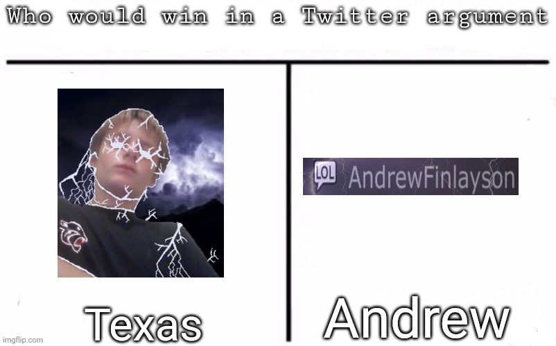 Pitting random mfs against each other | Andrew; Texas | image tagged in pitting random mfs against each other,msmg,memes | made w/ Imgflip meme maker