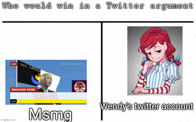 Pitting random mfs against each other | Wendy's twitter account; Msmg | image tagged in pitting random mfs against each other | made w/ Imgflip meme maker
