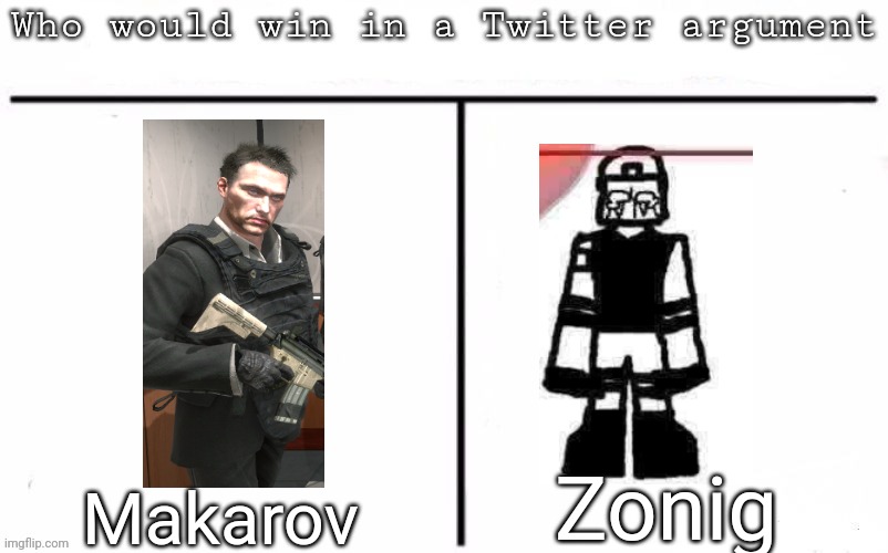 Pitting random mfs against each other | Zonig; Makarov | image tagged in pitting random mfs against each other,msmg,memes | made w/ Imgflip meme maker