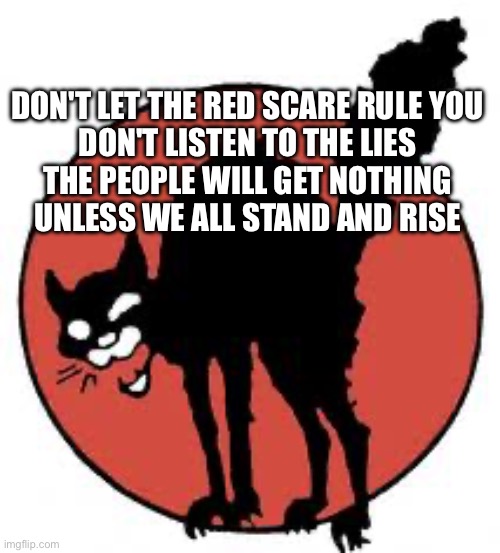 Angry sabo tabby | DON'T LET THE RED SCARE RULE YOU
DON'T LISTEN TO THE LIES
THE PEOPLE WILL GET NOTHING
UNLESS WE ALL STAND AND RISE | image tagged in angry sabo tabby | made w/ Imgflip meme maker