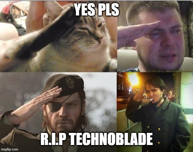 Cat salute m3m3 | YES PLS R.I.P TECHNOBLADE | image tagged in cat salute m3m3 | made w/ Imgflip meme maker