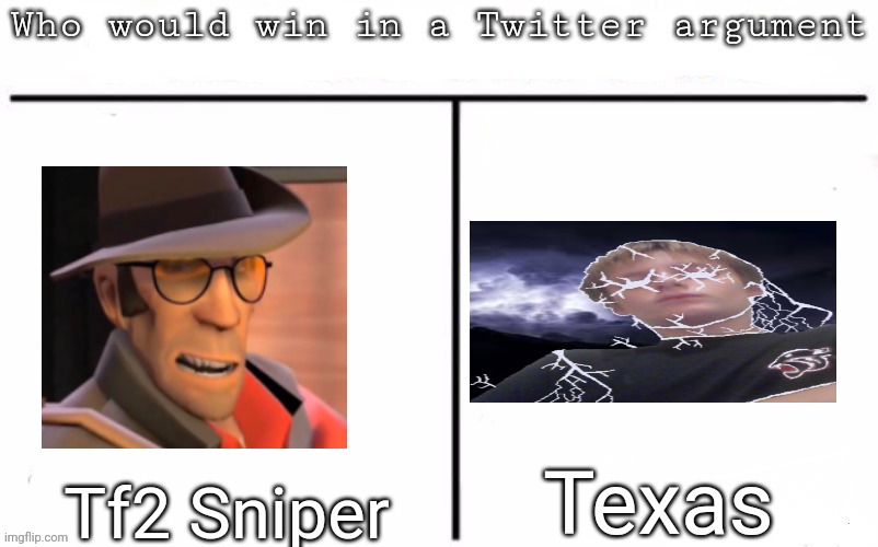 Pitting random mfs against each other | Texas; Tf2 Sniper | image tagged in pitting random mfs against each other,msmg,memes | made w/ Imgflip meme maker