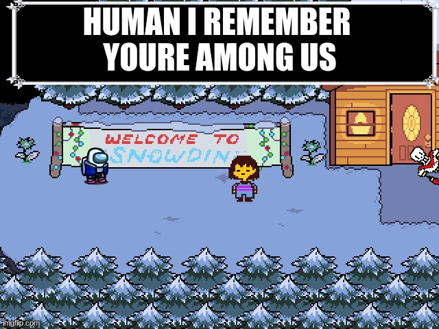 funni | HUMAN I REMEMBER 
YOURE AMONG US | image tagged in snowdin | made w/ Imgflip meme maker