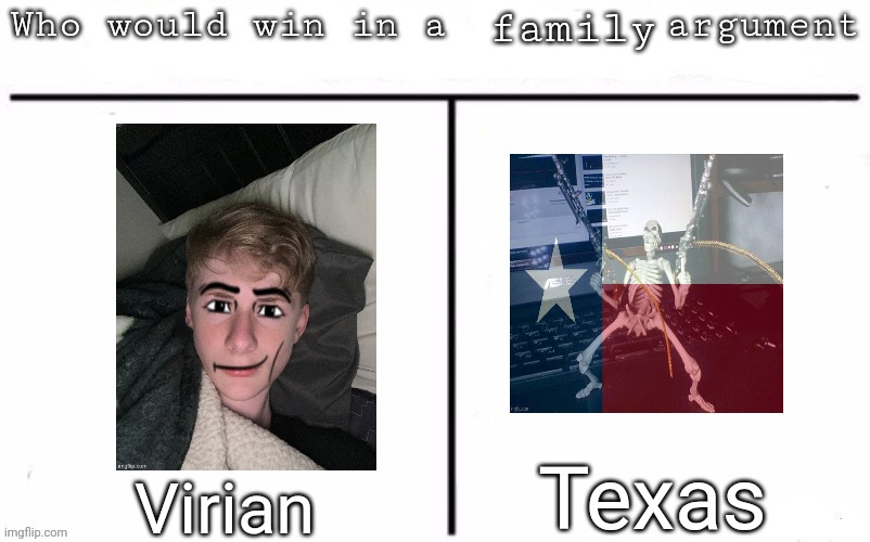 Pitting random mfs against each other | family; Texas; Virian | image tagged in pitting random mfs against each other,msmg,memes | made w/ Imgflip meme maker