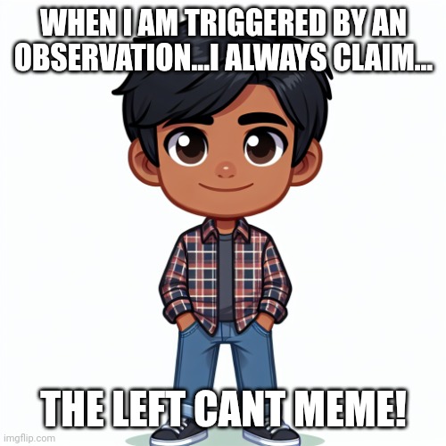 Regularfellow in cartoon | WHEN I AM TRIGGERED BY AN OBSERVATION...I ALWAYS CLAIM... THE LEFT CANT MEME! | image tagged in regularfellow in cartoon | made w/ Imgflip meme maker