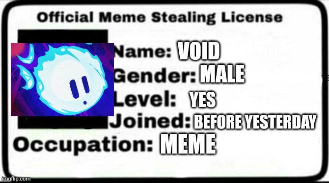 Meme Stealing License | VOID MALE YES BEFORE YESTERDAY MEME | image tagged in meme stealing license | made w/ Imgflip meme maker