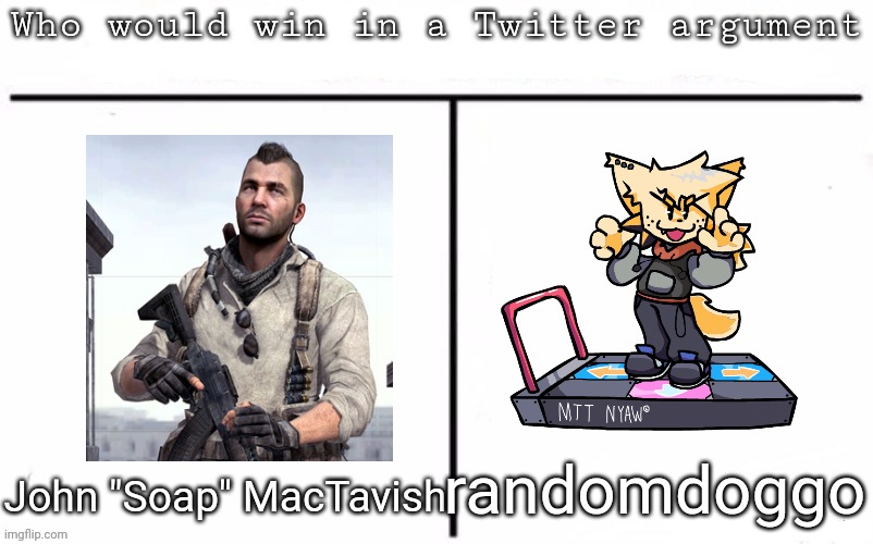 Pitting random mfs against each other | randomdoggo; John "Soap" MacTavish | image tagged in pitting random mfs against each other,msmg,memes | made w/ Imgflip meme maker