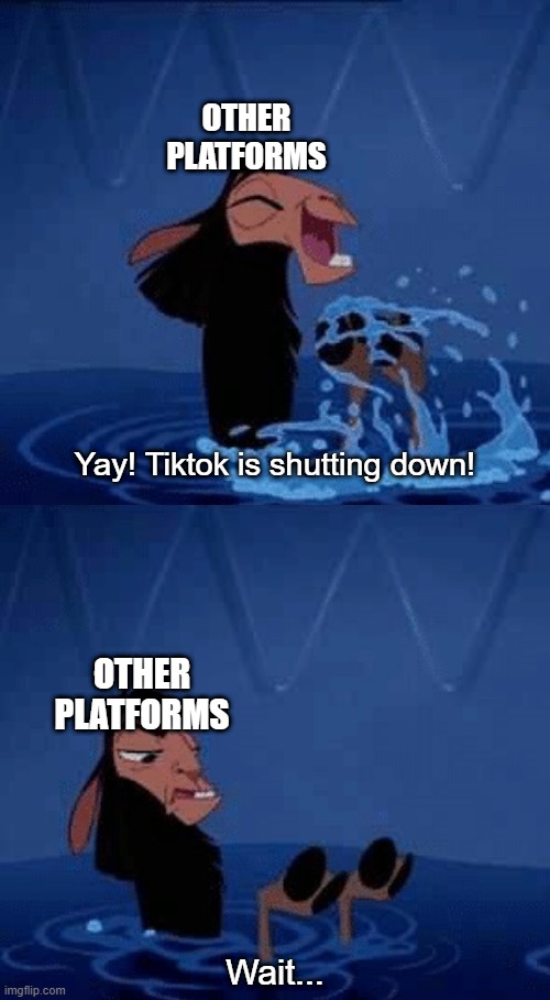 Yay! Wait... | OTHER PLATFORMS; Yay! Tiktok is shutting down! OTHER PLATFORMS; Wait... | image tagged in yay wait | made w/ Imgflip meme maker