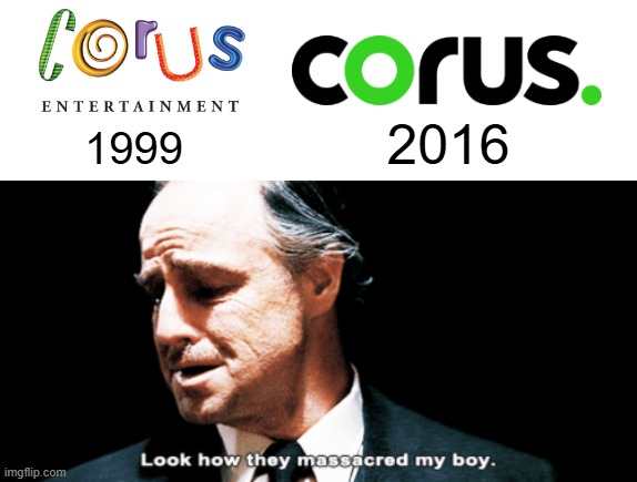 I miss the old, fun, nolstagic Corus logo. Now it looks like the logo of a tech company, thanks a LOT oversimplification gods | 2016; 1999 | image tagged in look how they massacred my boy,oversimplified | made w/ Imgflip meme maker