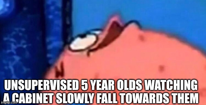 Rip 5 year old | UNSUPERVISED 5 YEAR OLDS WATCHING A CABINET SLOWLY FALL TOWARDS THEM | image tagged in patrick looking up | made w/ Imgflip meme maker