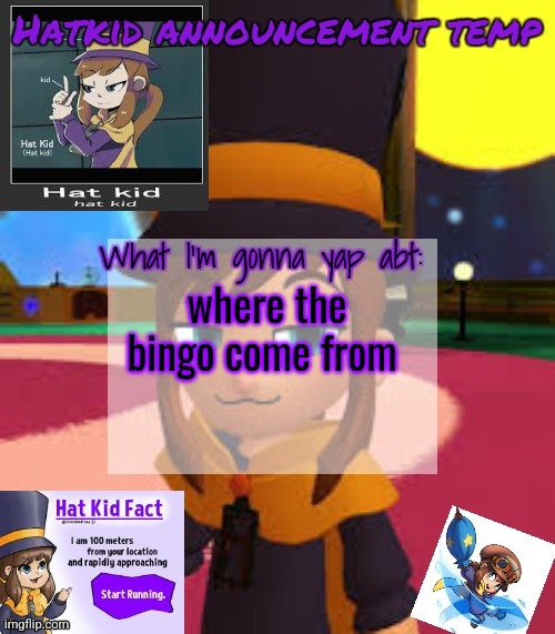 hat | where the bingo come from | image tagged in hat | made w/ Imgflip meme maker