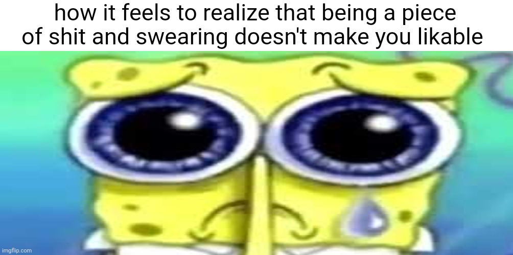 FUCK YOU LMAOO wait why doesn't anyone like me | how it feels to realize that being a piece of shit and swearing doesn't make you likable | image tagged in sad spong,memes,funny,school | made w/ Imgflip meme maker