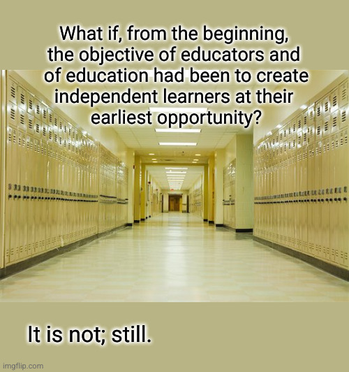 What if, from the beginning,  the objective of educators and  of education had been ... | What if, from the beginning, 
the objective of educators and 
of education had been to create
independent learners at their 
earliest opportunity? It is not; still. | image tagged in high school hallway,public education,teaching,teachers | made w/ Imgflip meme maker