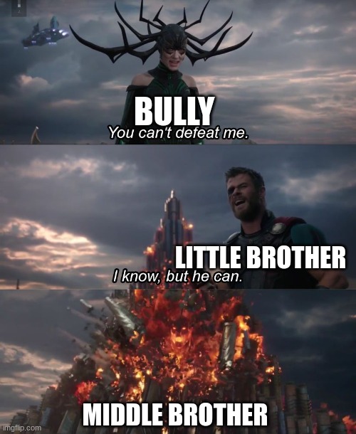 When your little brother is getting bullied | BULLY; LITTLE BROTHER; MIDDLE BROTHER | image tagged in i know but he can | made w/ Imgflip meme maker