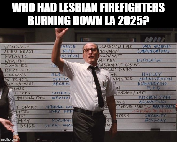 Cabin the the woods | WHO HAD LESBIAN FIREFIGHTERS BURNING DOWN LA 2025? | image tagged in cabin the the woods | made w/ Imgflip meme maker