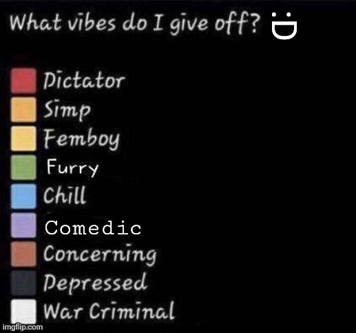 ✨ V I B E S ? ✨ :D | :D; Comedic | image tagged in what vibes do i give off | made w/ Imgflip meme maker