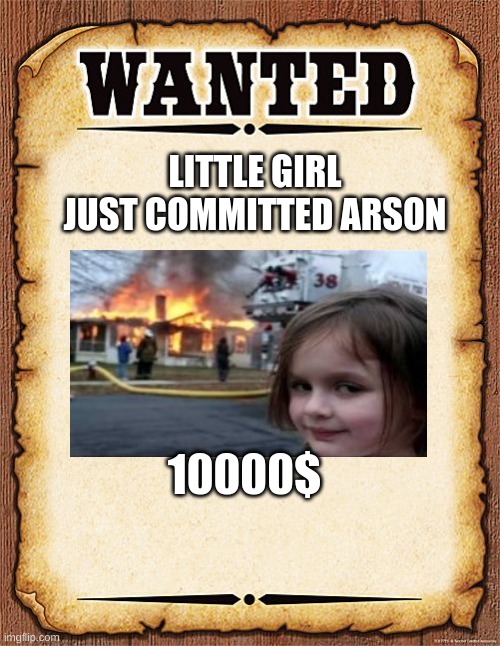 wanted poster | LITTLE GIRL JUST COMMITTED ARSON; 10000$ | image tagged in wanted poster | made w/ Imgflip meme maker