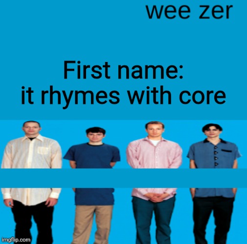 Guess the other letters | First name: it rhymes with core | image tagged in wee zer | made w/ Imgflip meme maker