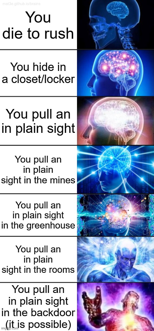 insert title here | You die to rush; You hide in a closet/locker; You pull an in plain sight; You pull an in plain sight in the mines; You pull an in plain sight in the greenhouse; You pull an in plain sight in the rooms; You pull an in plain sight in the backdoor (it is possible) | image tagged in 7-tier expanding brain,roblox doors | made w/ Imgflip meme maker