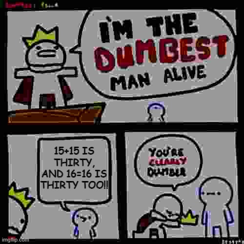 I'm the dumbest man alive | 15+15 IS THIRTY, AND 16=16 IS THIRTY TOO!! | image tagged in i'm the dumbest man alive | made w/ Imgflip meme maker