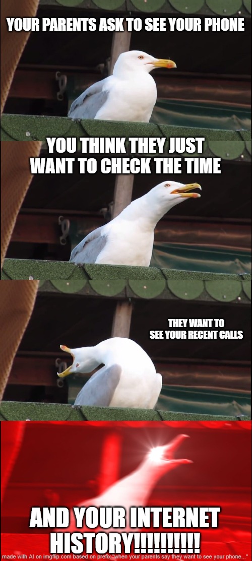 When they want to see your phone | YOUR PARENTS ASK TO SEE YOUR PHONE; YOU THINK THEY JUST WANT TO CHECK THE TIME; THEY WANT TO SEE YOUR RECENT CALLS; AND YOUR INTERNET HISTORY!!!!!!!!!! | image tagged in memes,inhaling seagull | made w/ Imgflip meme maker