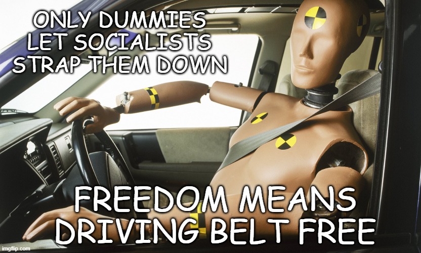 belt-free! | ONLY DUMMIES LET SOCIALISTS STRAP THEM DOWN; FREEDOM MEANS
DRIVING BELT FREE | image tagged in seatbelt,vaccines | made w/ Imgflip meme maker