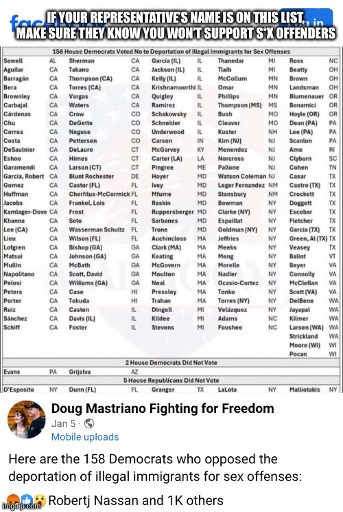 IF YOUR REPRESENTATIVE’S NAME IS ON THIS LIST, MAKE SURE THEY KNOW YOU WON’T SUPPORT S*X OFFENDERS | made w/ Imgflip meme maker
