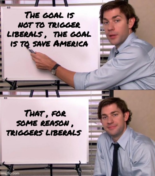 Not sorry | The goal is not to trigger liberals ,  the goal is to save America; That , for some reason , triggers liberals | image tagged in jim halpert explains,maga,how dare you,liberal tears,haters gonna hate,traitors | made w/ Imgflip meme maker