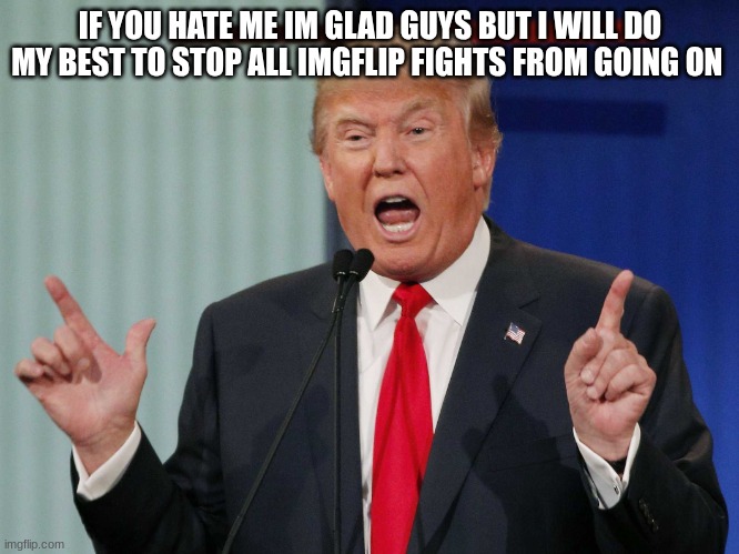 Donald Trump | IF YOU HATE ME IM GLAD GUYS BUT I WILL DO MY BEST TO STOP ALL IMGFLIP FIGHTS FROM GOING ON | image tagged in donald trump | made w/ Imgflip meme maker