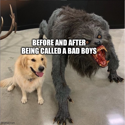 dog vs werewolf | BEFORE AND AFTER BEING CALLED A BAD BOYS | image tagged in dog vs werewolf | made w/ Imgflip meme maker